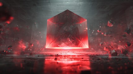 A captivating abstract scene featuring a dark, futuristic cube with glowing reflections, shattered fragments, and vibrant colors creating a modern design