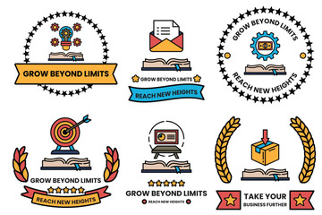 image is a collection of six different designs all of which feature a book