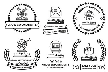image is a collection of six different designs all of which feature a book