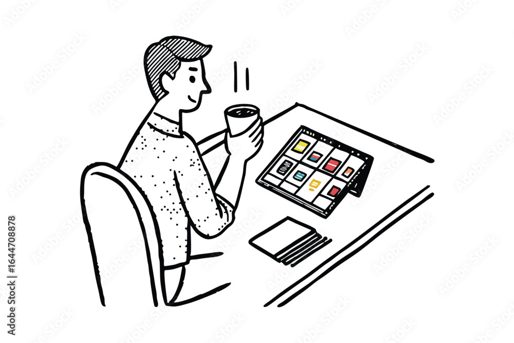 Poster man working on a tablet with digital interface and creative ideas flowing