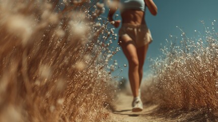 Fototapeta premium A runner jogs along a sunlit path, surrounded by golden grasses, capturing the essence of an active, outdoor lifestyle.