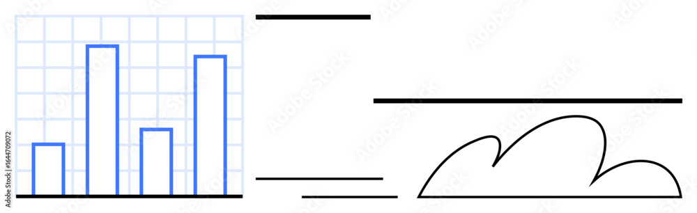 Poster blue bar chart on grid background alongside minimalist cloud and lines. ideal for data analytics, gr