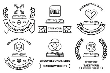 image is a collection of six different designs all of which feature a book