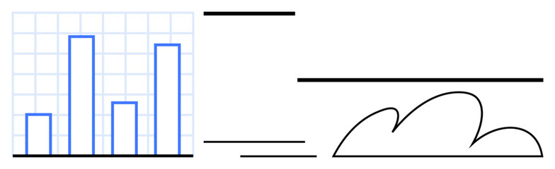 Blue bar chart on grid background alongside minimalist cloud and lines. Ideal for data analytics, growth, comparison, technology, cloud computing, economy, and abstraction in a simple flat metaphor