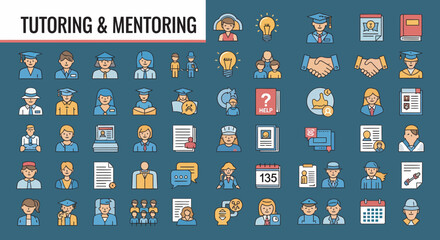 Collection of flat design icons representing various tutoring and mentoring services.