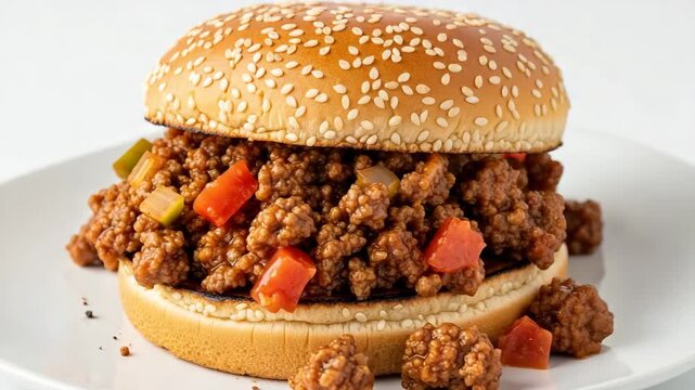 A ground meat sandwich on a sesame seed bun sits on a white plate. The sloppy joe style meat is mixed with diced vegetables.

