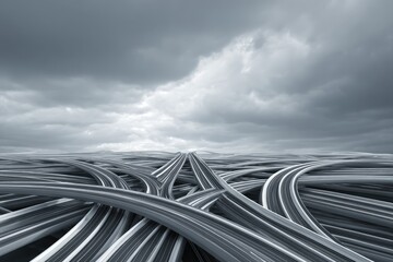 Gray, stormy sky; tangled roads
