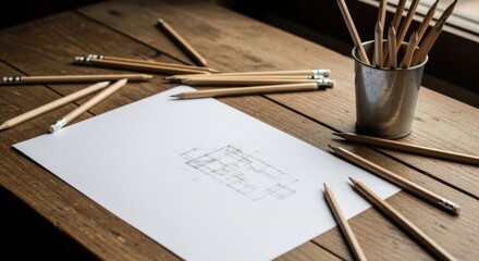 A collection of pencils rests on a wooden table next to a sheet of paper with an architectural sketch