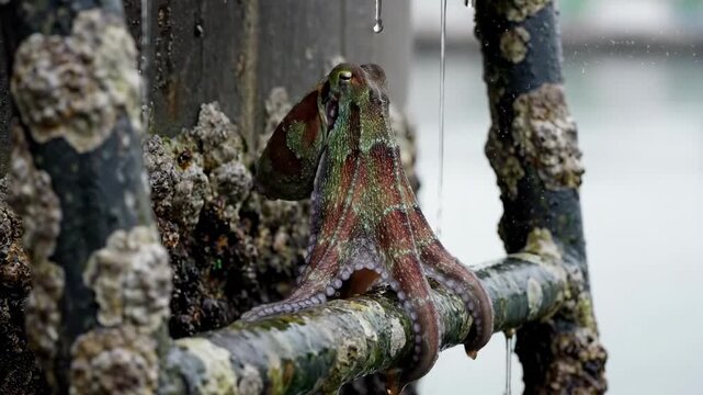 video octopus - An octopus clings to a barnacle-covered metal pole in a coastal environment, with water droplets cascading down, showcasing marine life and habitat interaction