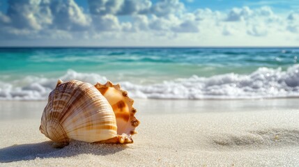 Idyllic seascape featuring a seashell on white sand against a turquoise sea backdrop
