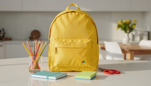 A vibrant yellow backpack sits on a countertop next to school supplies, ready for education. - Powered by Adobe