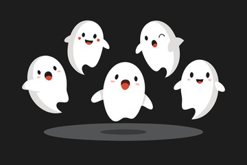 Cute Cartoon Ghosts with Happy Expressions Floating on a Dark Halloween Background Illustration