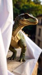 Fototapeta premium A realistic dinosaur figurine peeks from behind a white cloth, set against a blurred backdrop of buildings and nature