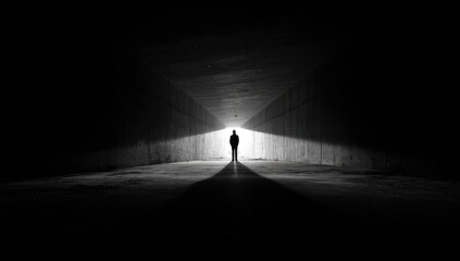 A solitary figure stands silhouetted in a dark, concrete tunnel, illuminated by a bright light at the far end, casting a long shadow