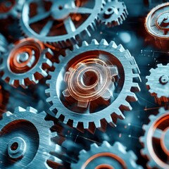 digital gears turning in unison to reveal an abstract symbol of innovation
