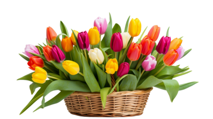 Bouquet of beautiful tulips in wicker basket on transparent background.

