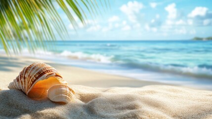 Obraz premium Tranquil Seashell Still Life on Tropical Beach, Vacation Paradise Backdrop