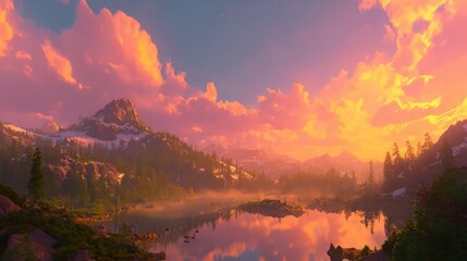 Obraz premium Pixel Art Sunset Over Mountainous Lake