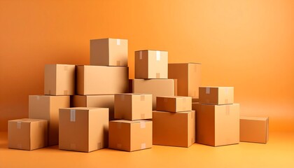 Stack of cardboard boxes for delivery or moving on orange background concept