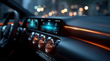 A close-up view of a modern car dashboard showcasing digital displays, stylish design, and ambient lighting against a blurred city background.