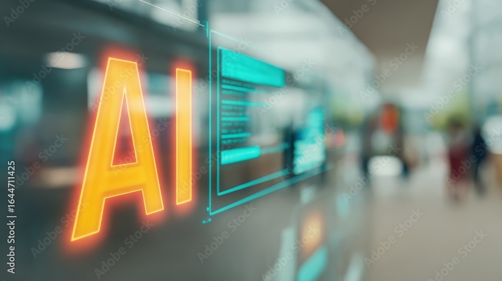 Poster a futuristic glowing neon sign displaying the letters ai symbolizing the rapid advancement of artifi