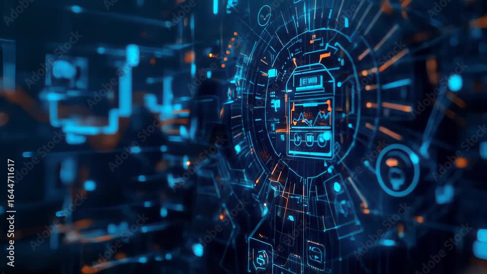 Poster futuristic digital interface with intricate circuit patterns and data visualization