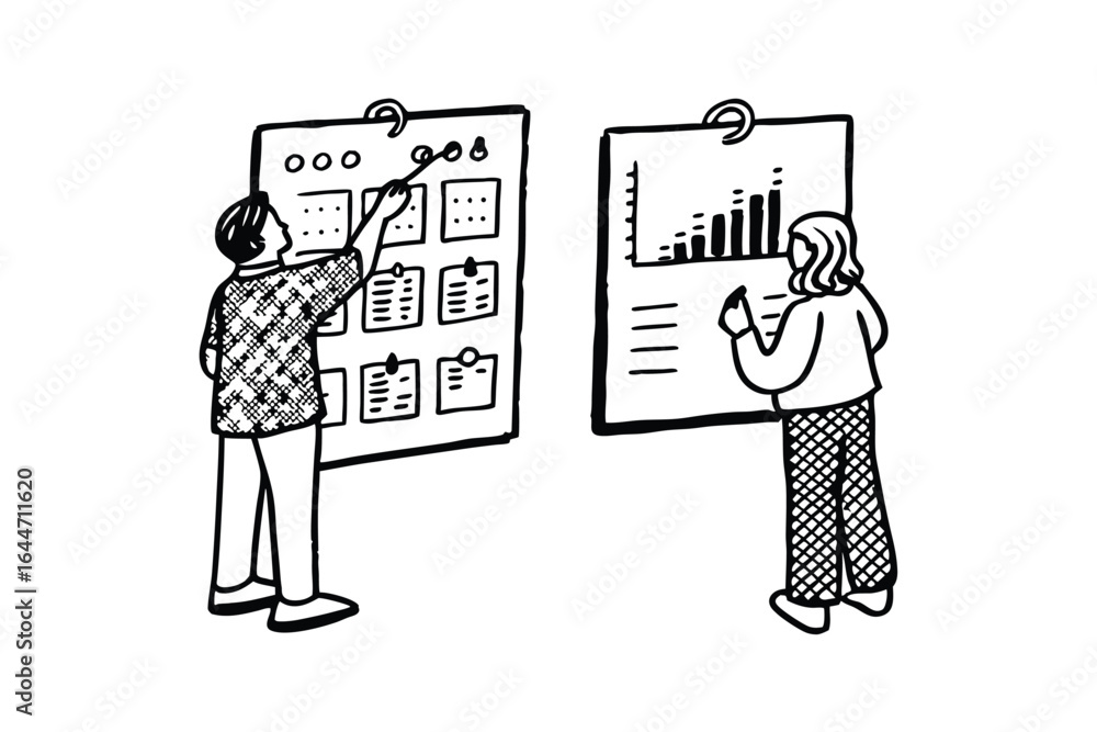 Poster business team checking off tasks on a large checklist and analyzing data