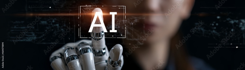 Poster vision of the future where human and machine merge a woman gently holds a sophisticated robotic hand