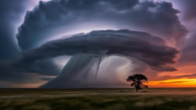 A massive dramatic supercell thunderstorm dominates a prairie landscape at sunset