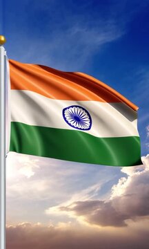 Indian flag waving against cloudy sky, perfect for Independence Day, Republic Day, and national pride campaigns
