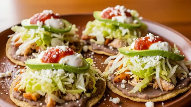 Plate of four Mexican tostadas topped with beans, shredded chicken, lettuce, avocado slices, and fresh salsa, vibrant traditional dish perfect for food photography and menus.

