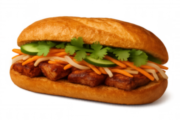 Vietnamese-style banh mi sandwich with grilled tofu, pickled vegetables, crispy baguette, showcasing vibrant ingredients against transparent backdrop