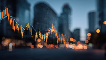 A dynamic stock market graph overlaid on a blurred cityscape at twilight, suggesting financial activity and urban development
