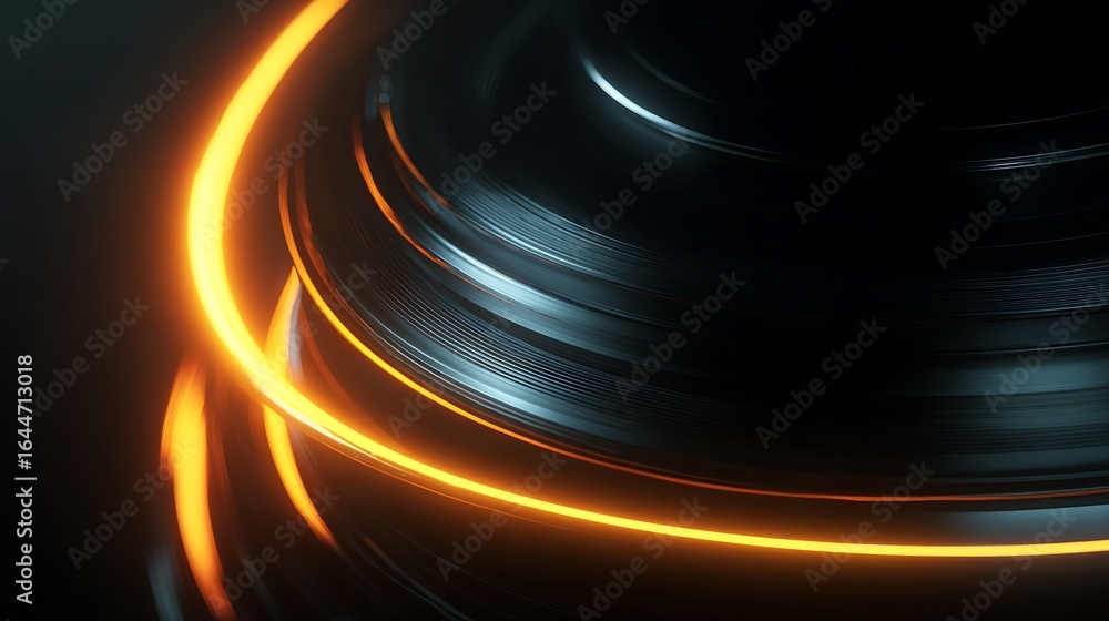 Poster a modern abstract background featuring a glowing ring of light on a dark metallic surface, creating 
