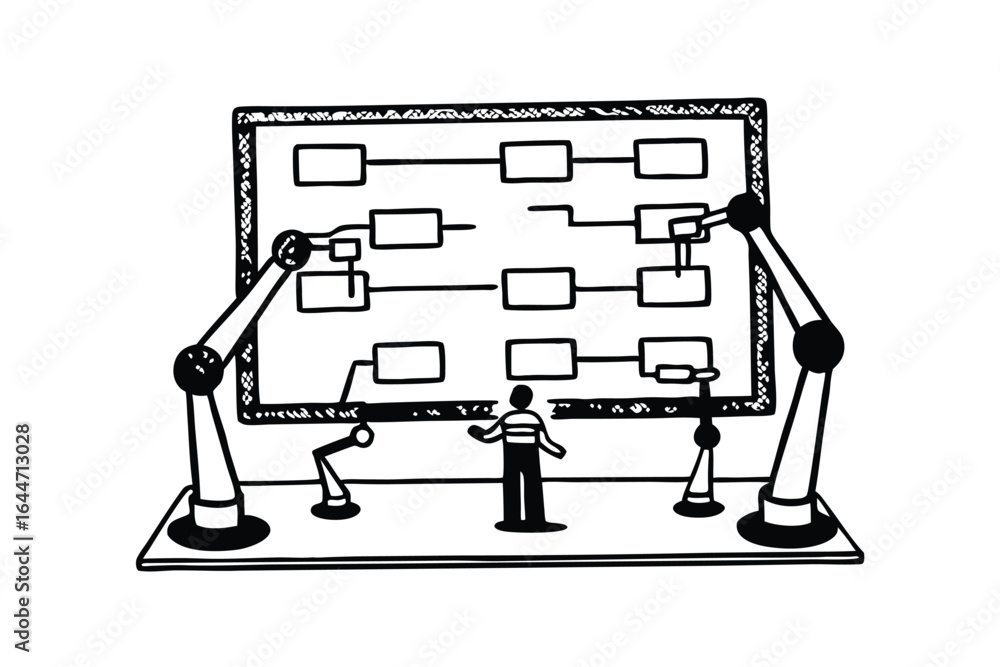 Aufkleber person interacting with a digital flowchart and data visualization on a screen