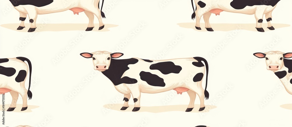 Poster cartoon cows seamless pattern with classic black and white markings repeating in a playful way