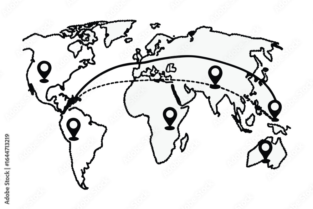 Poster global travel destinations marked on a world map with connecting arrows