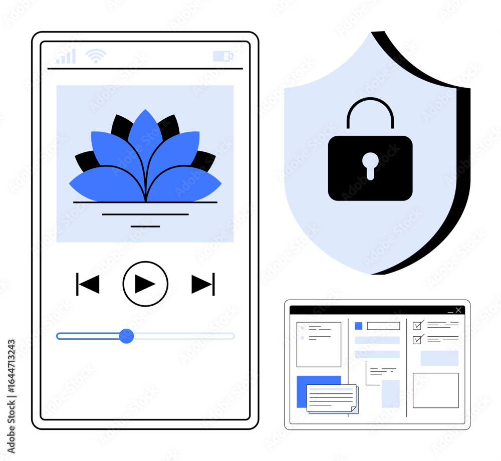 Poster mobile media player, shield with padlock for security, and desktop task organizer. ideal for technol