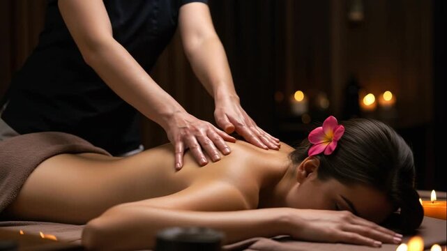 A young woman receives a back massage in a dark spa room decorated with candles and flowers. The concept of wellness and relaxation