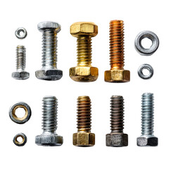 Assorted bolts and nuts arranged on a black surface with varying sizes and metallic finishes shown clearly on transparent background