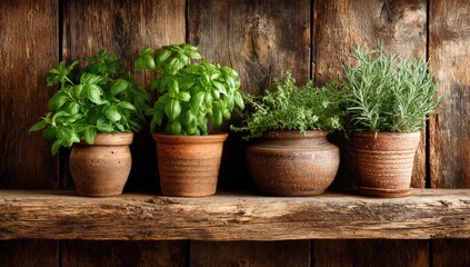 Four terracotta pots of vibrant herbs (basil, rosemary, thyme, mint) sit on a rustic wooden shelf against a weathered wood backdrop