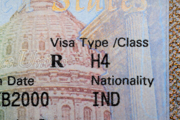 Close up view of H4 USA visa stamp on Passport page, H4 Visa is a dependent visa issued by USA...