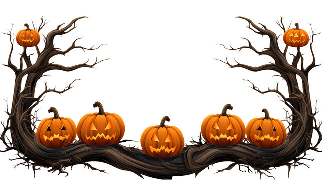 Spooky Halloween pumpkins with glowing faces perched on gnarled trees create a chillingly festive autumn border, perfect for seasonal designs and themed promotions
