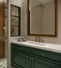 Luxury bathroom with vintage gold shower, brass faucet, white marble countertop, and green vanity....