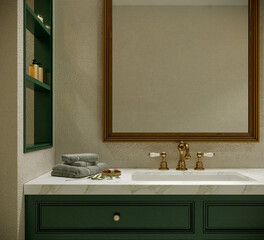 Luxury bathroom with vintage gold shower, brass faucet, white marble countertop, and green vanity....