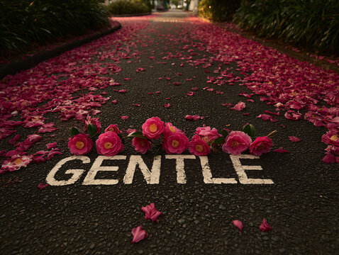 Colorful Pink Flowers Petals Urban Pathway Road Letters Vibrant Nature Floral Romantic Spring Soft Asphalt Outdoors Feminine Delicate Landscape Beauty Peaceful Environment Style Walking Mood