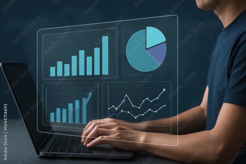 Aufkleber professional using laptop with interactive business analytics dashboard and charts