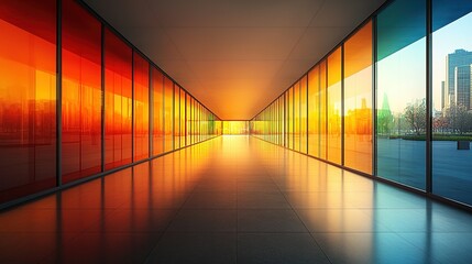 Long corridor with colorful glass walls reflecting light creating a vibrant perspective.