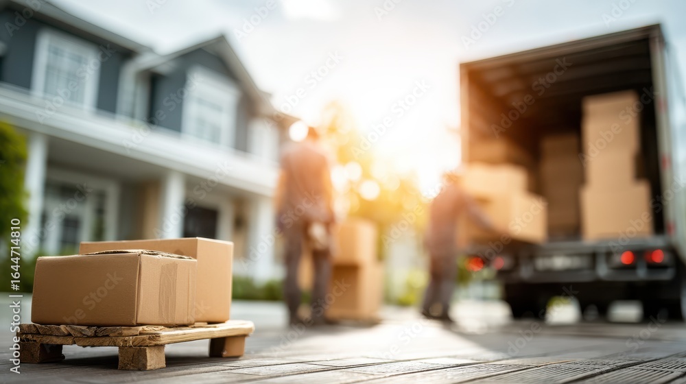 Poster a scene showing workers unloading boxes from a truck, with a focus on a stacked pallet of cardboard 