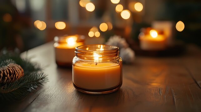46.Soy candles burning in rustic brown glass jars, warm golden glow creating a cozy home atmosphere with soft winter decor elements